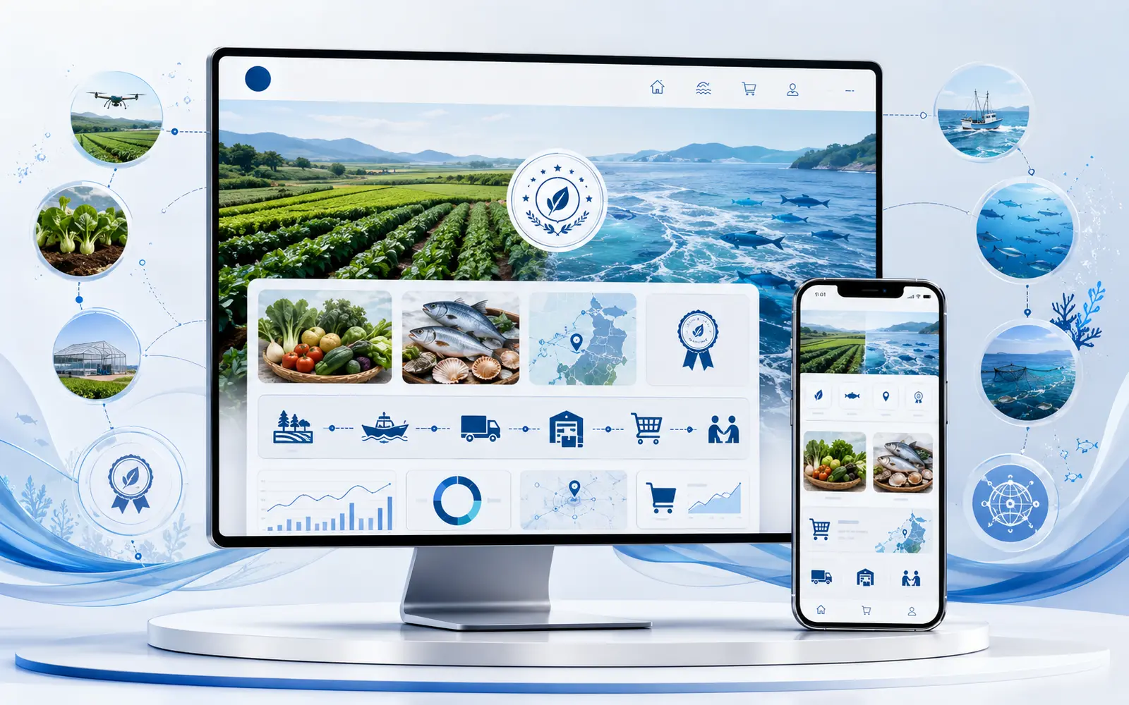 農水産物・産地・生産方法・品質・物流・EC・取引相談をPCとスマートフォンで伝えるWEBサイト制作イメージ