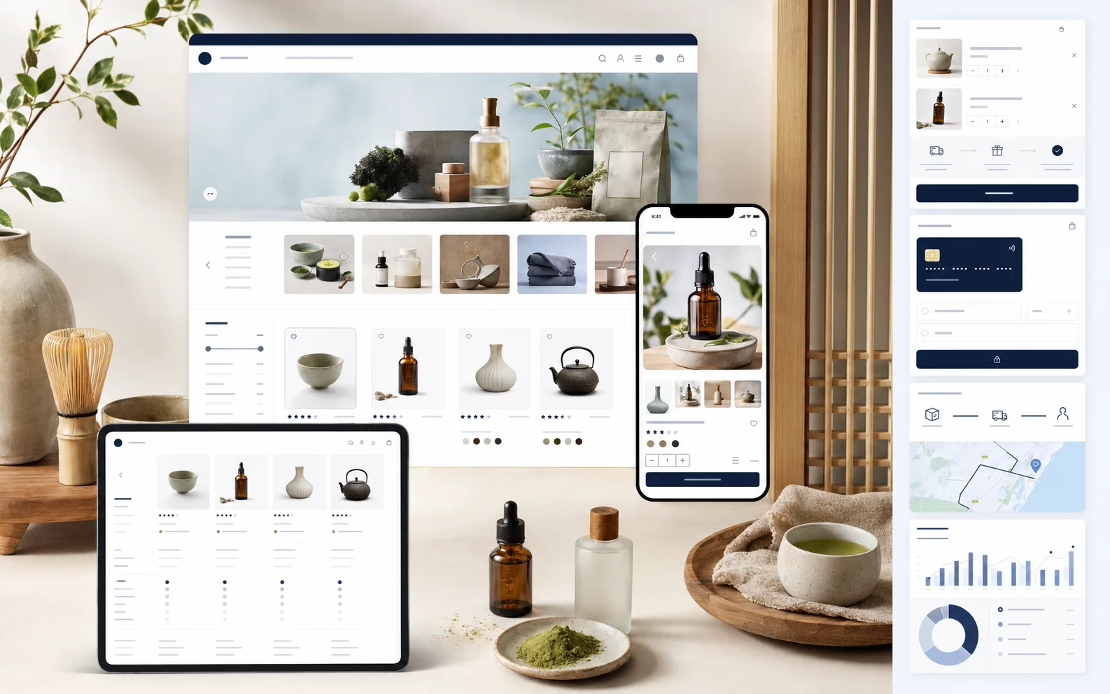 商品検索・比較・詳細・カート・決済・運用分析を備えたECサイト制作イメージ