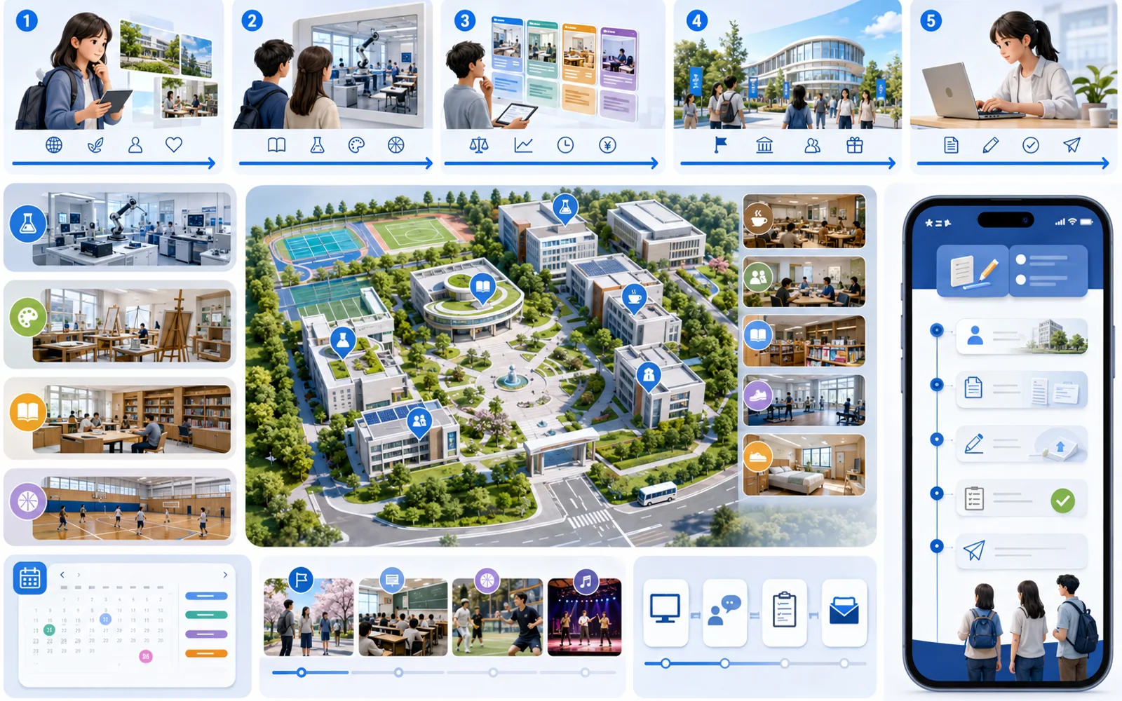 教育理念・学び・学校生活・進路・説明会・入学案内をつなぐ教育サイト情報設計イメージ