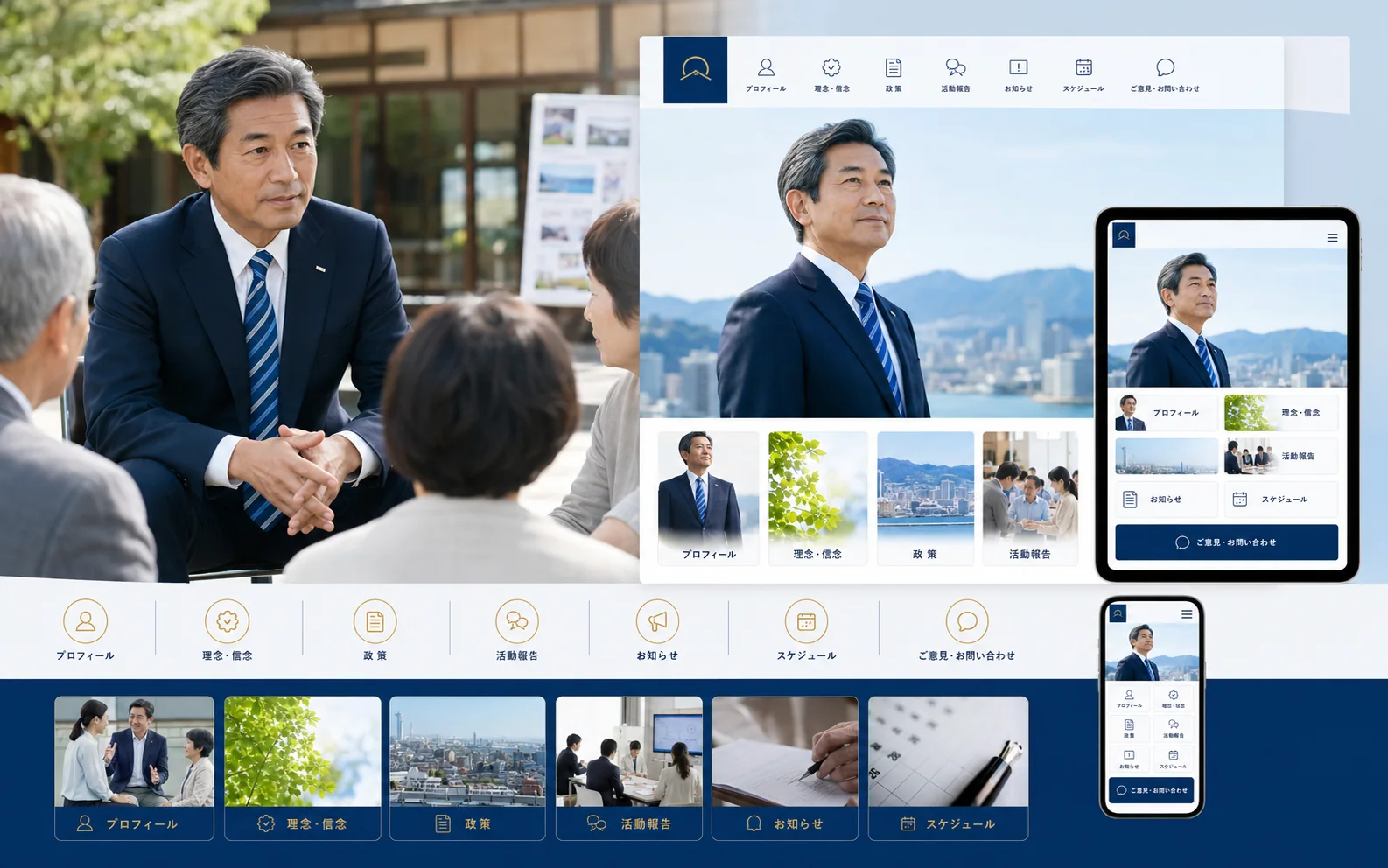 プロフィール・理念・政策・活動報告・予定・意見受付を伝える政治家・公人公式サイト制作イメージ