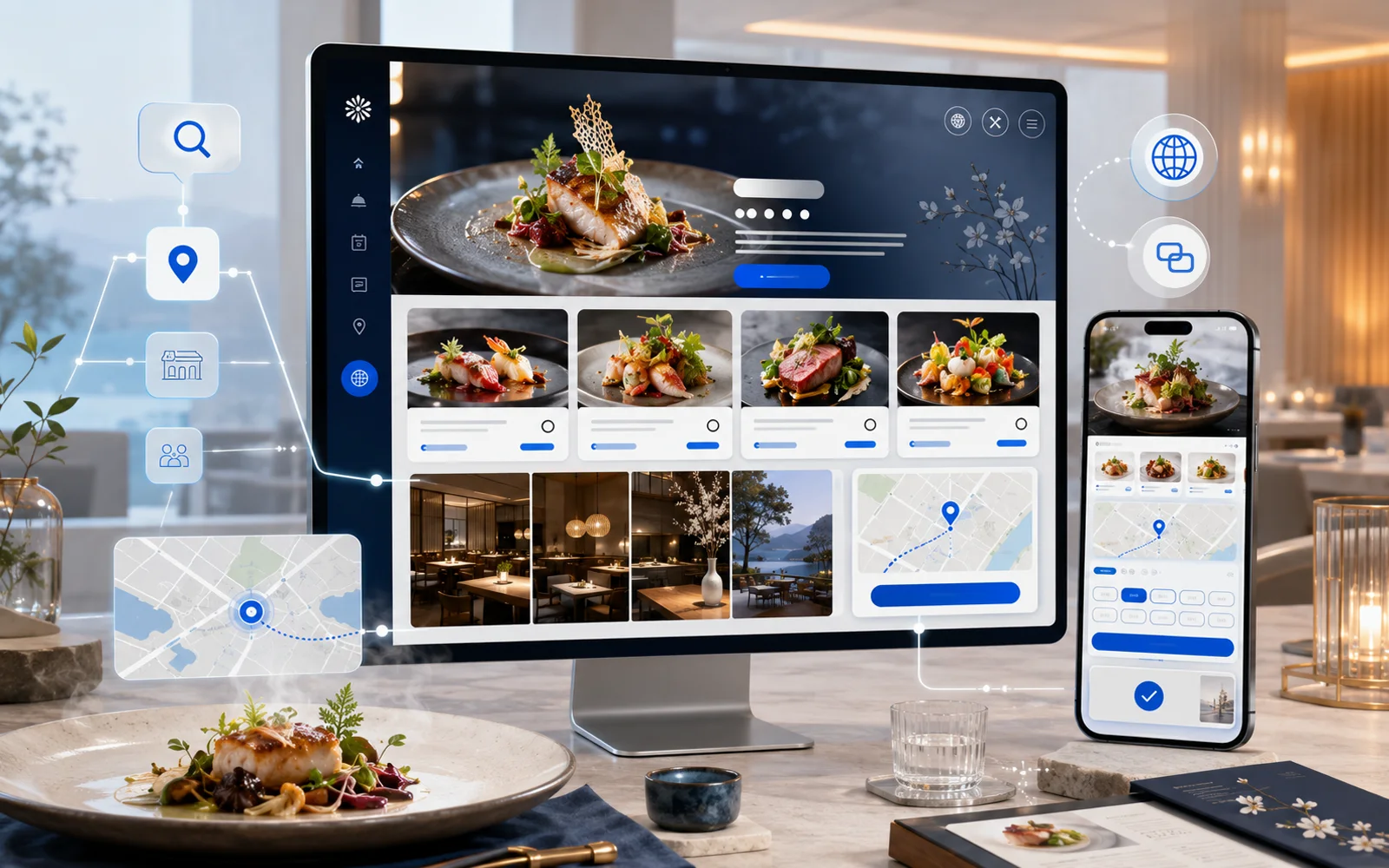 料理・メニュー・店内・地図・予約導線をPCとスマートフォンで伝える飲食店ホームページ制作イメージ