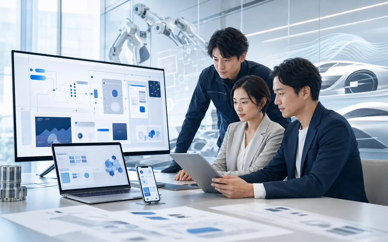 名古屋市の企業・製造業・新規事業とWEB戦略を、人物と複数デバイスで表現した制作イメージ