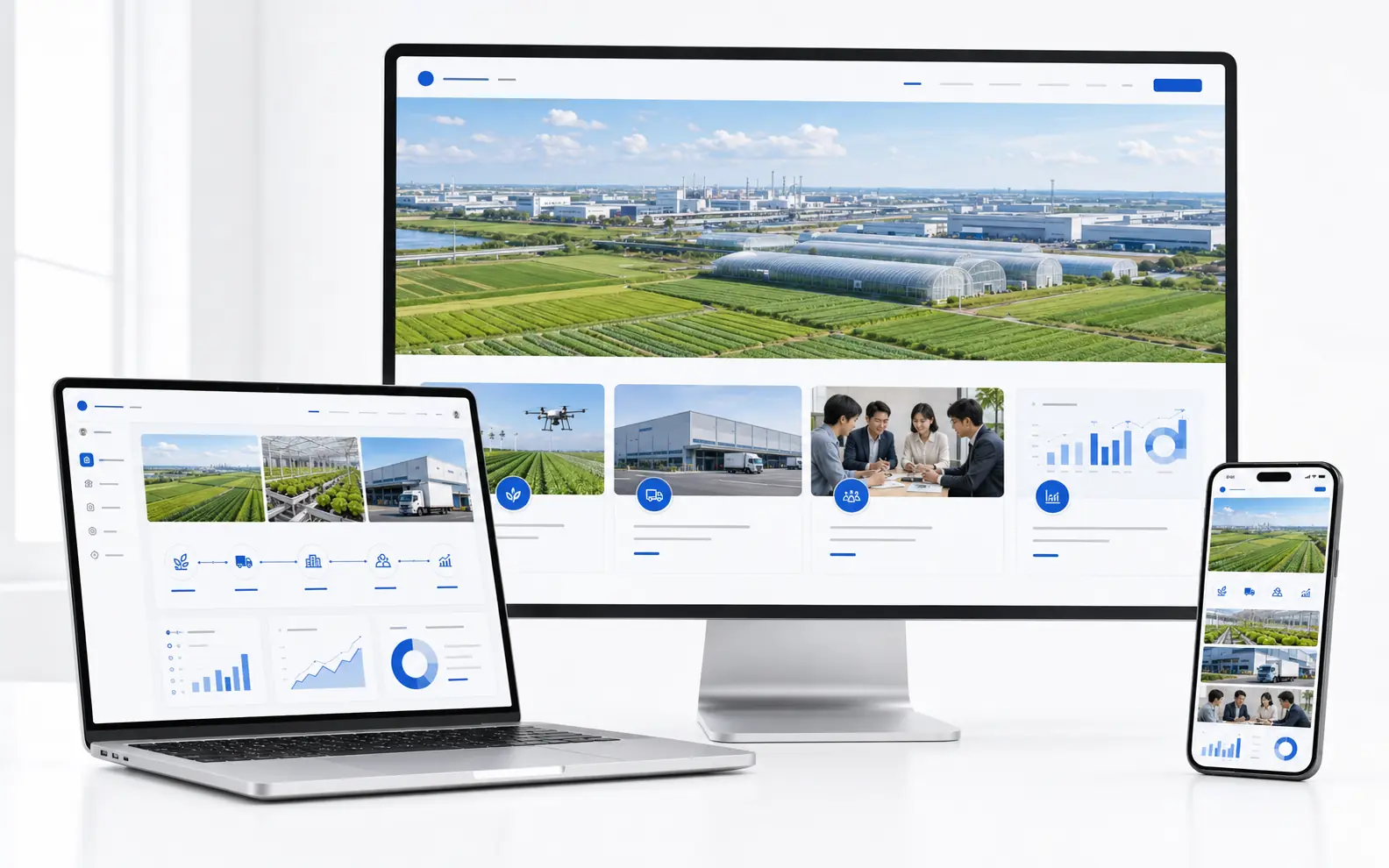 茨城県の企業・農業・産業・地域活動をデスクトップ、ノートPC、スマートフォンで伝えるWEBサイト制作イメージ