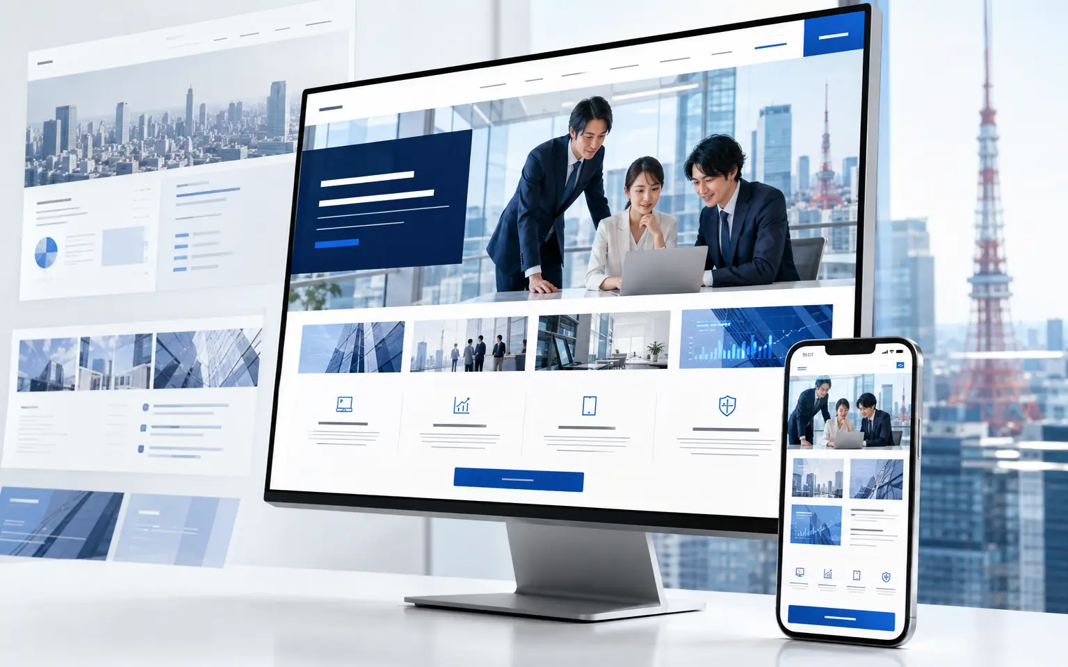 東京都中央区の企業サイトをデスクトップとスマートフォンで表示したホームページ制作イメージ