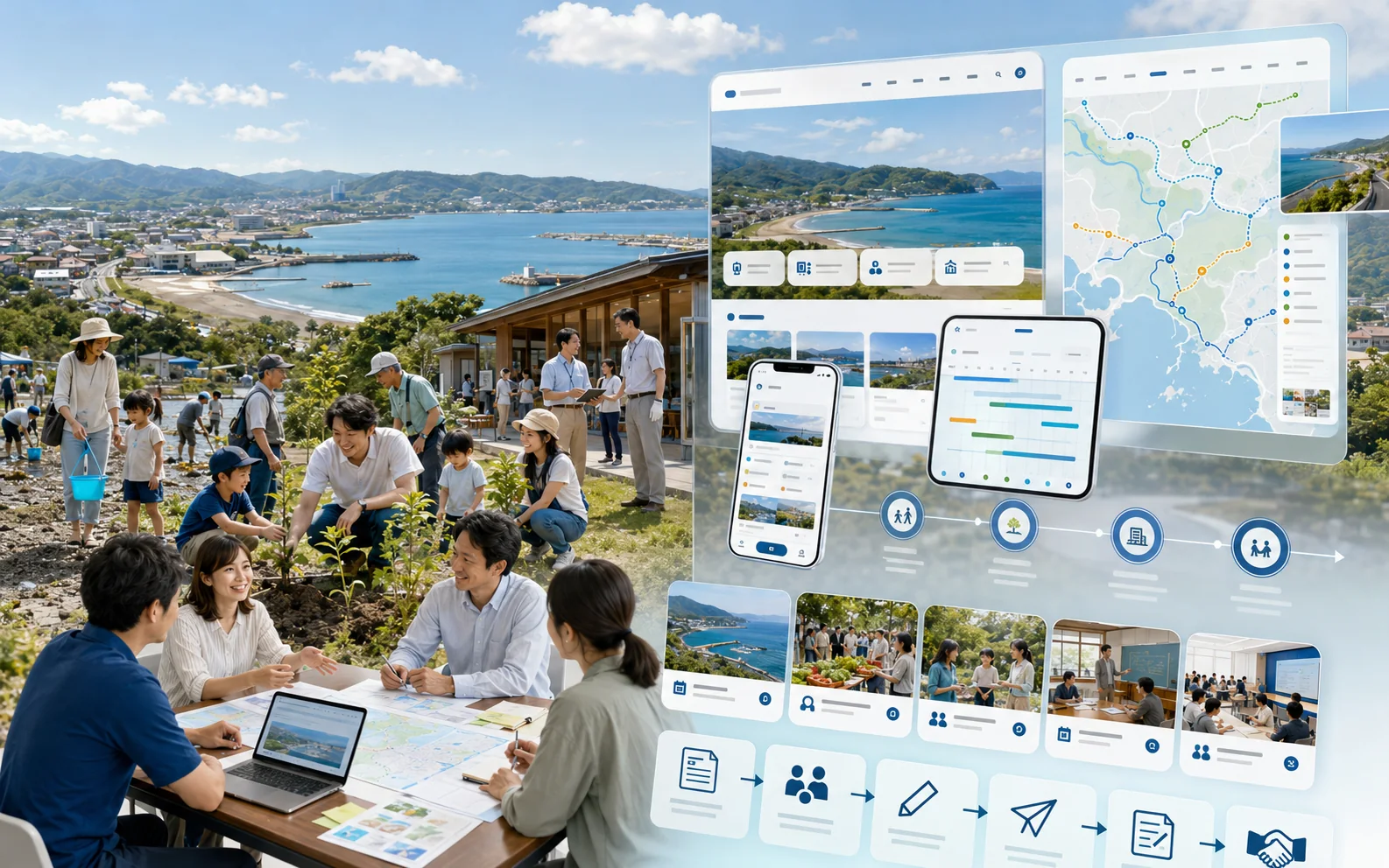 地域風景・関係者・地図・日程・活動報告・参加導線を統合したプロジェクト情報設計イメージ